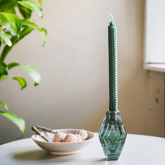 bougeoir design en verre recyclé vert fumé