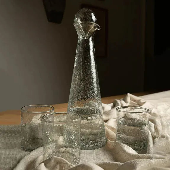 Carafe en verre craquelé avec bouchon transparente, réalisée à la main en Tunisie