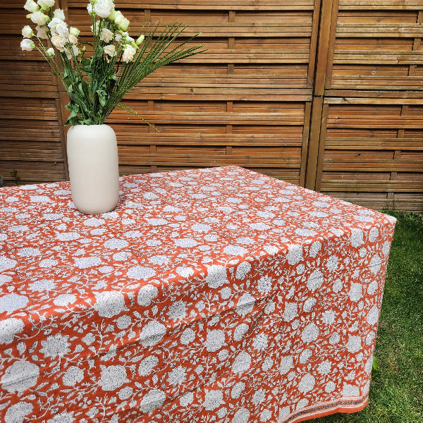 Nappe de table rectangulaire en tissu impression block print Terracotta