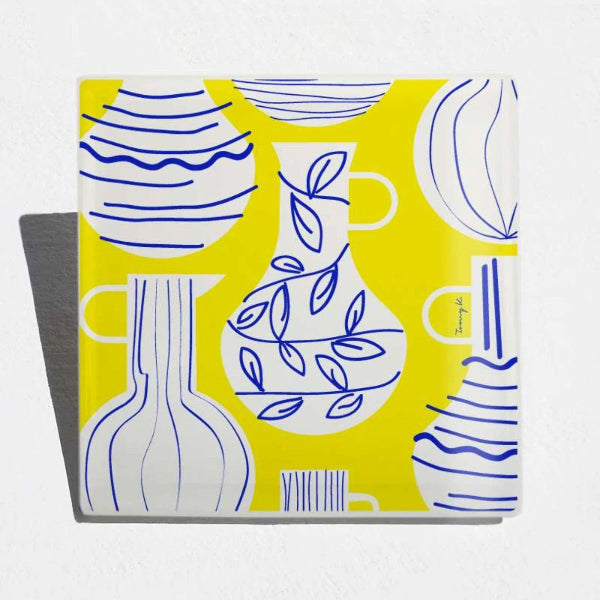 Plateau en porcelaine blanche carré blanc et jaune fabriqué en grèce