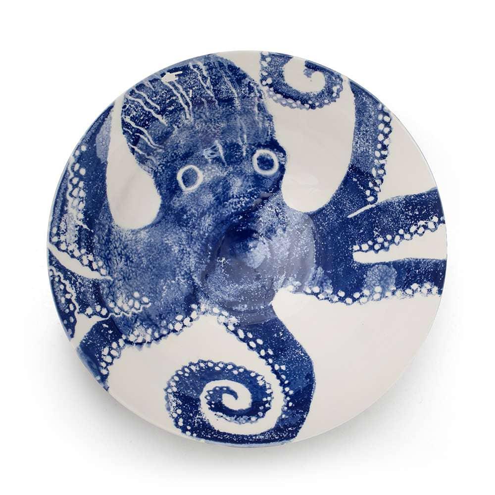 Elégant grand saladier en faience orné d'un motif de pieuvre dans des teintes de bleu fabriqué en Italie artisanalement