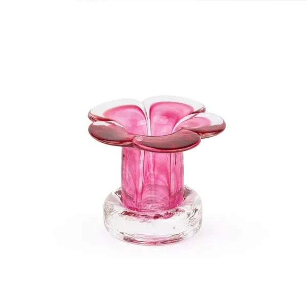 bougeoir rose et transparent en verre soufflé à la bouche