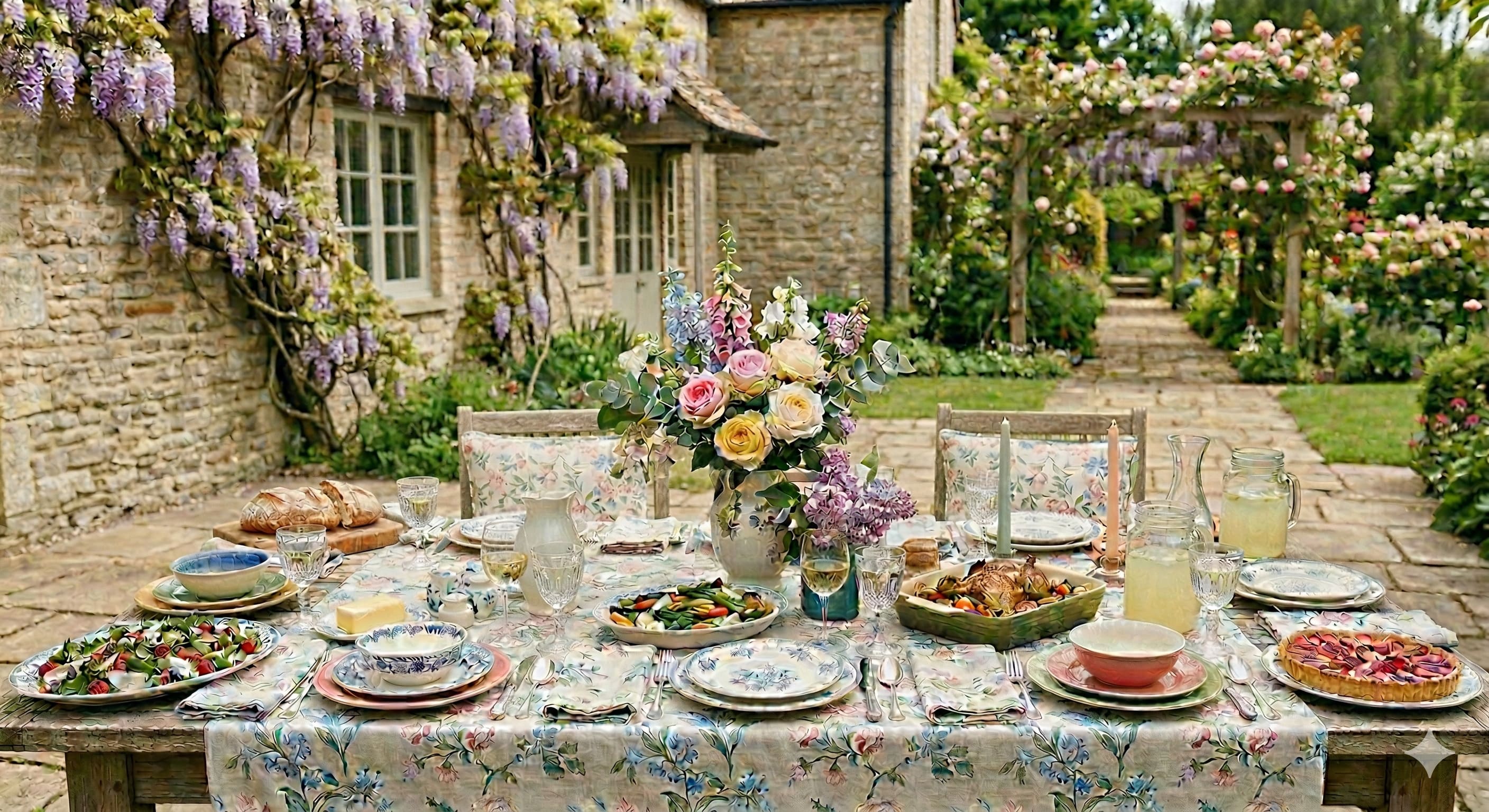 Décoration de table de printemps dans un jardin avec nappe fleurie, grand bouquet central et vaisselle artisanale sous une glycine