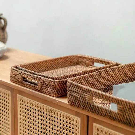 plateau rectangle en rotin fait à la main boheme