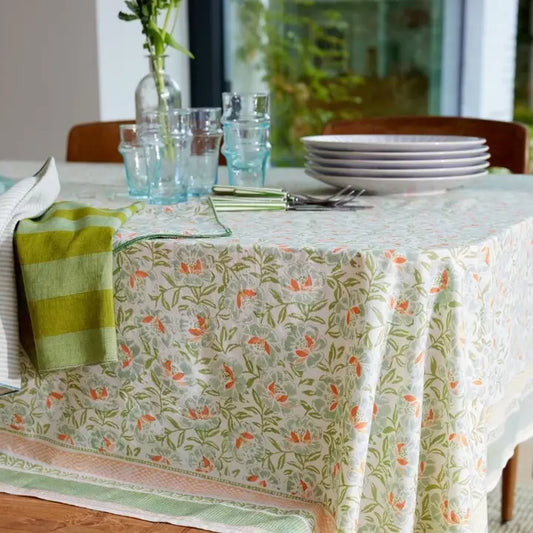 Nappe de table rectangulaire en coton impression block print fleurie