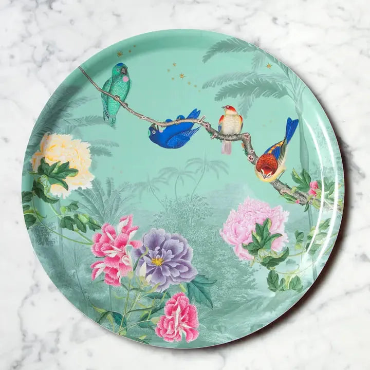 plateau rond décoratif motif oiseaux